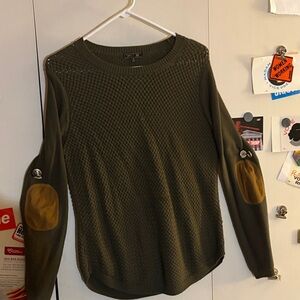 Olive Green Sweater with Tan Elbow Patches